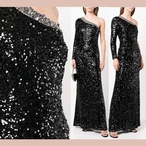 NWT $1095 Sachin & Babi [ 0 ] Greta Sequined One Shoulder Gown Black J1522‎